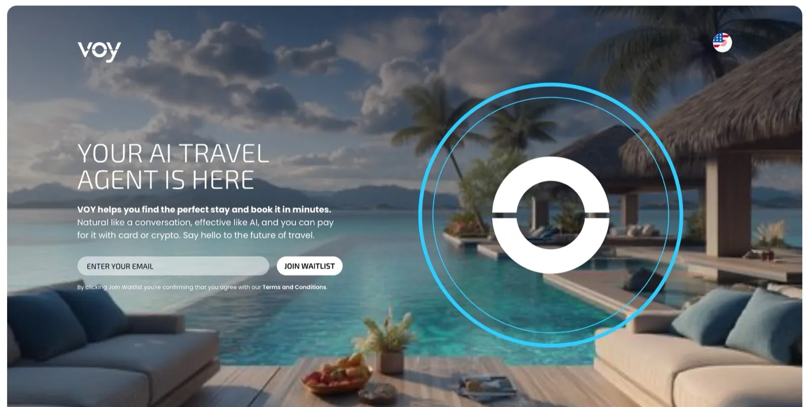 Voy Travel landing page with the tagline Your AI Travel Agent Is Here